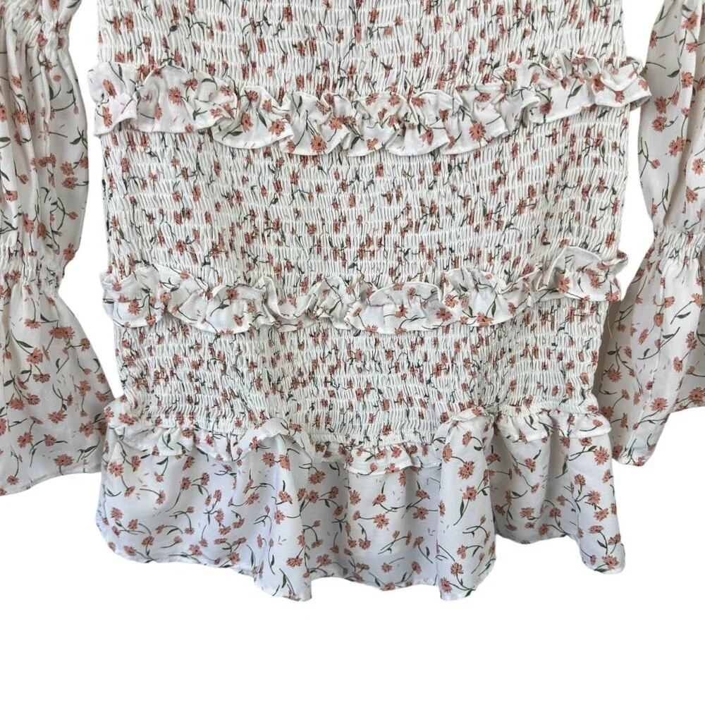 SABO SKIRT Shirred Lule Ruched Dress Sz S Floral Tiered Off The Shoulder Ruffle - Picture 4 of 14